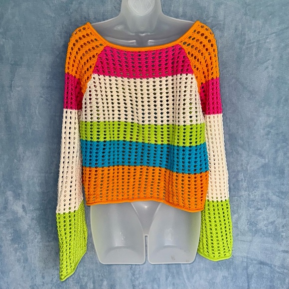 NWOT Wild Fable open crochet neon square neck pullover sweater, flared sleeves - Picture 2 of 5